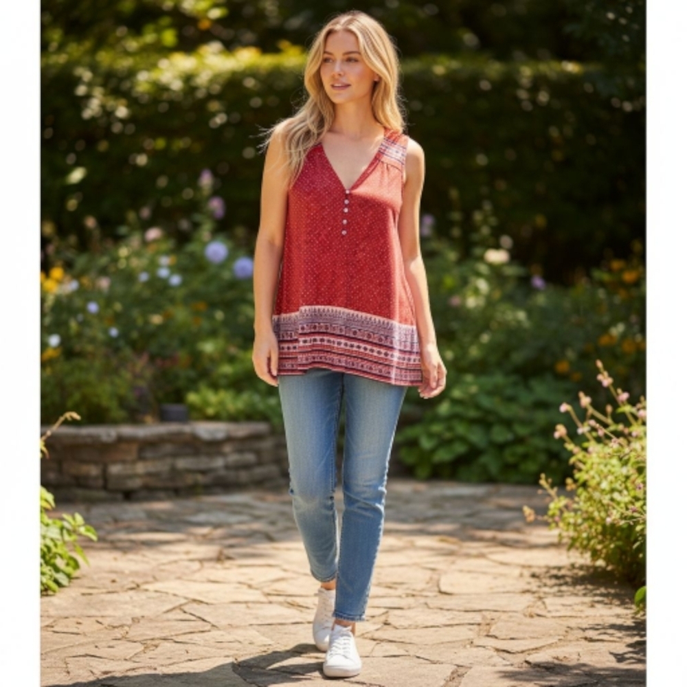 Lucky Brand Red Boho V Neck Sleeveless Tank Top Small NWOT